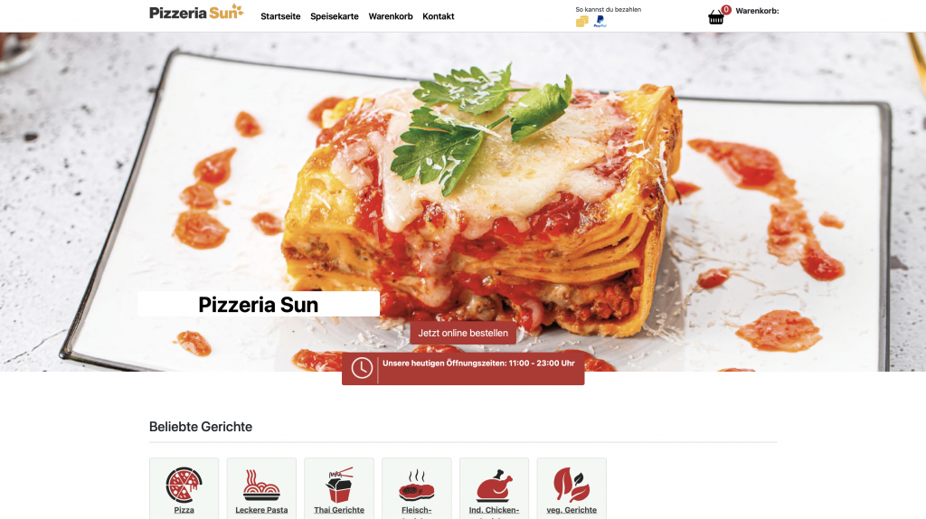 die Website von Pizzeria Sun ein Kunde von First Agency